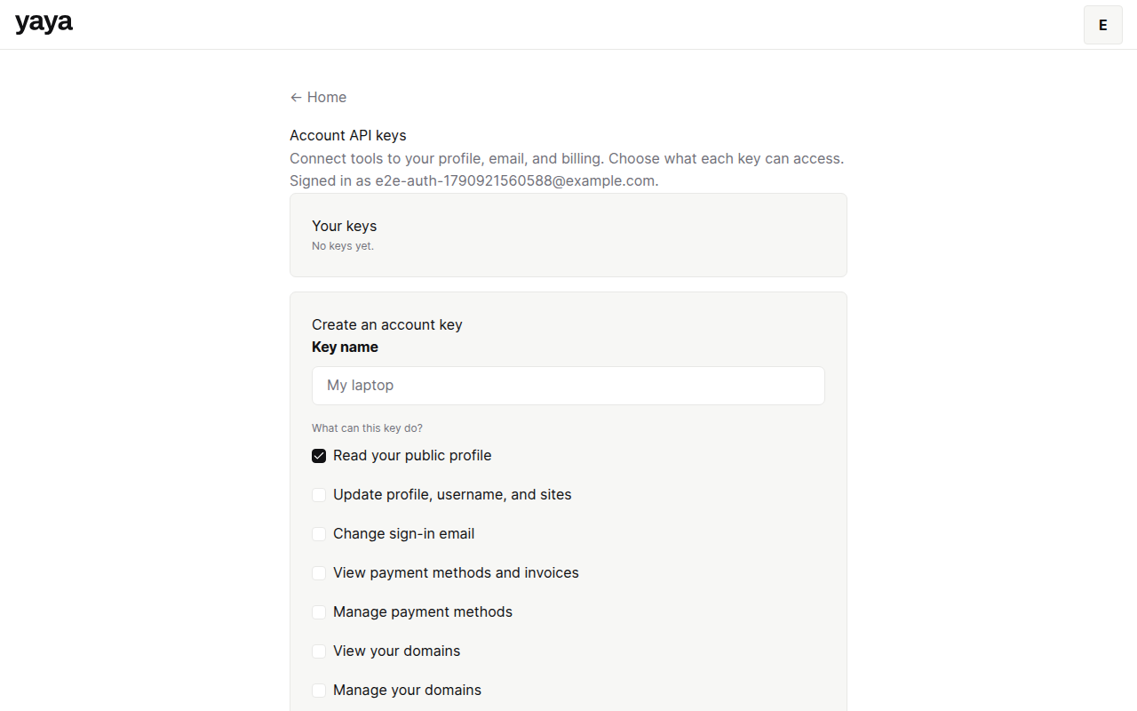 The API keys page with the create-key form and scopes