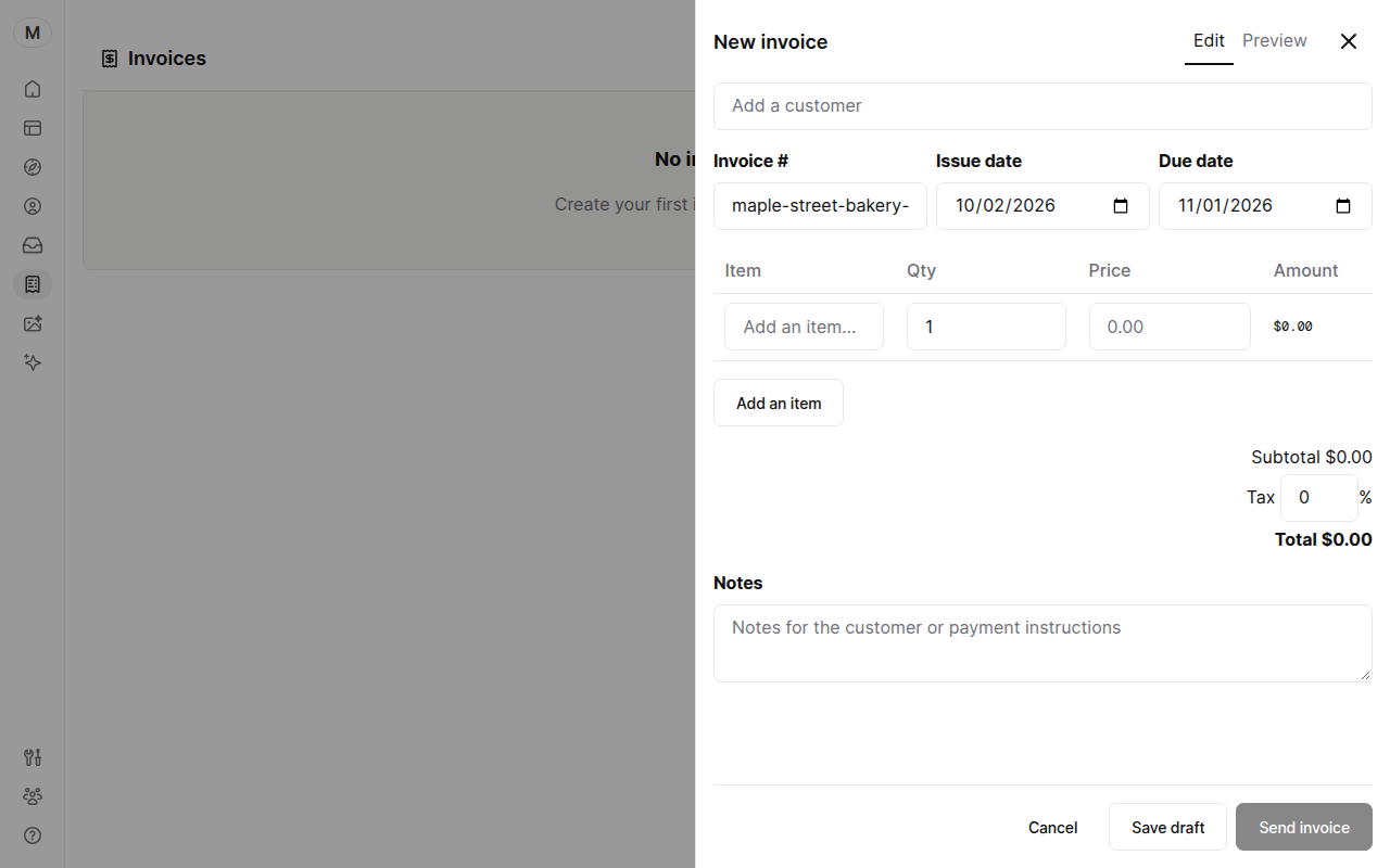 The New invoice drawer with customer, items, tax and notes