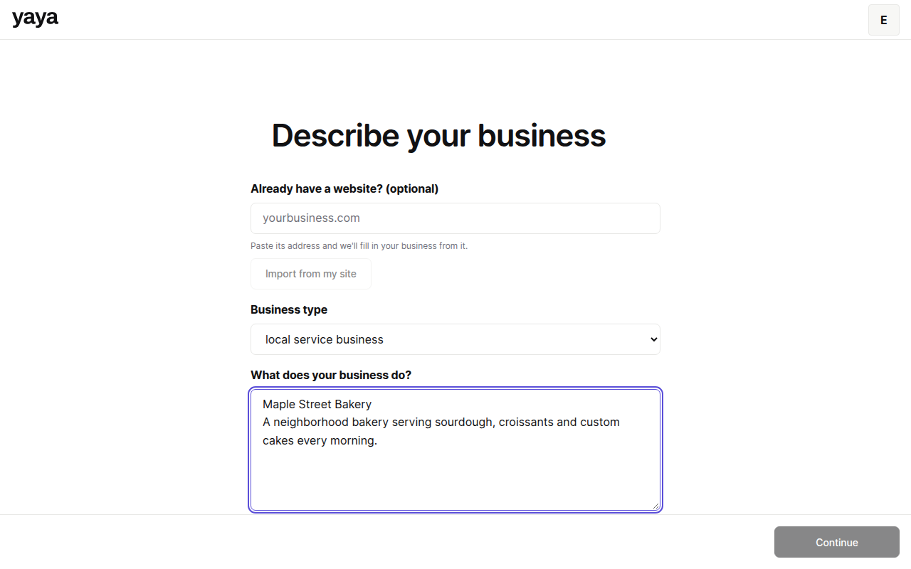 The onboarding screen with a bakery description filled in