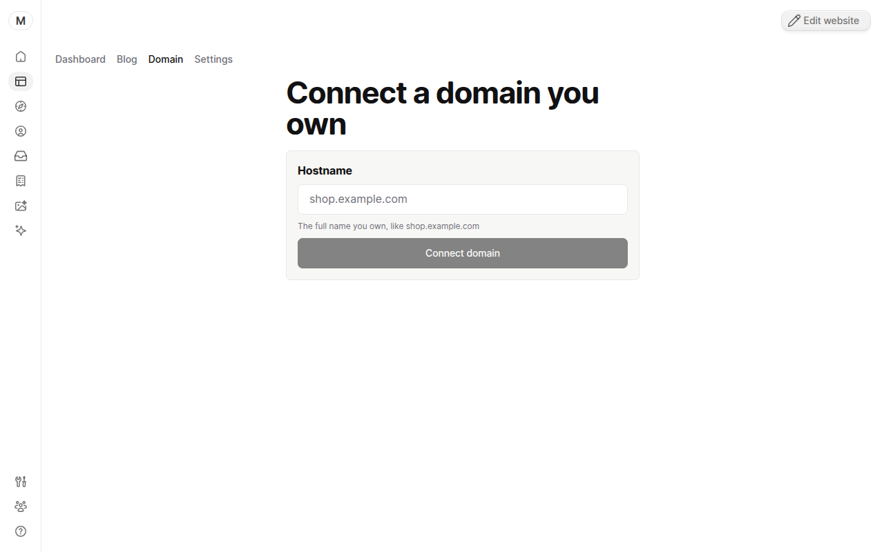 The Website > Domain tab with the hostname field